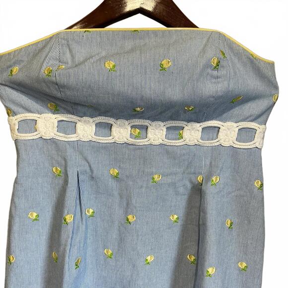 Lilly Pulitzer Strapless Blue Dress Yellow Floral Embroidery White Crochet Trim - Picture 2 of 9